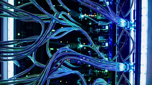 Server cables connect digital network system. Tangled ethernet lines support data flow. Network infrastructure drives internet technology. Cables, server, technology, network, data, connection