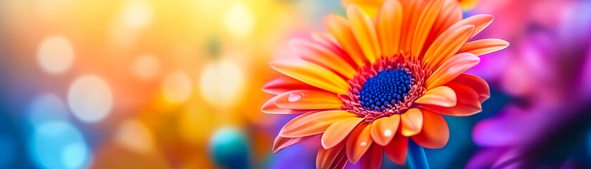 Close-up of vibrant orange gerbera daisy with detailed blue center and colorful bokeh background in soft focus floral photography composition
