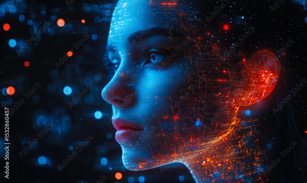 Poster futuristic female face portrait with digital data grid and glowing particles overlay symbolizing art