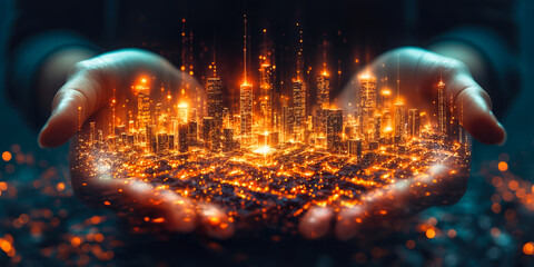 Futuristic glowing digital cityscape hologram held in hands representing smart technology innovation in urban development
