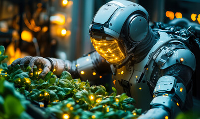 Futuristic robot astronaut examining green plants in indoor vertical farm with glowing yellow lights in high-tech agriculture environment for agri-tech innovation and automation