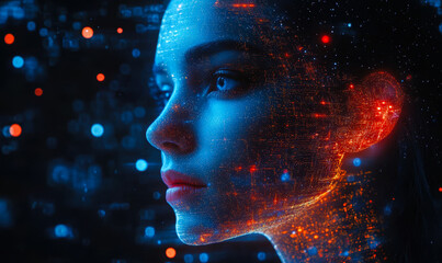 Futuristic female face portrait with digital data grid and glowing particles overlay symbolizing artificial intelligence and human computer interaction technology concept