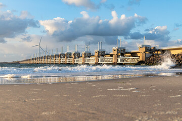 The Oosterscheldekering (Eastern Scheldt storm surge barrier) of the Delta Works flood protection...
