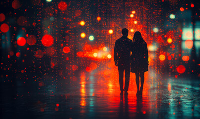 Silhouettes of couple walking together on wet street with colorful blurred city lights and bokeh reflections at night