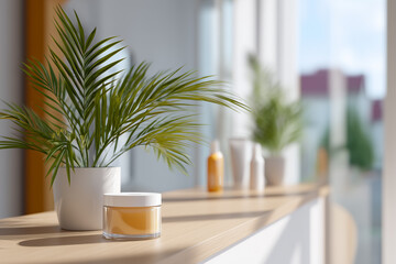 A peaceful scene features a carefully arranged collection of interior elements, highlighting the harmony of interior decor. A pot of plant on a wood table. This is a moment of calm.