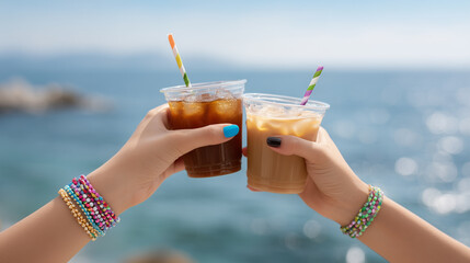 A joyful moment of friendship at the seaside. Two hands clink iced coffee in a gesture of celebration, enjoying a refreshing break near the beautiful seaside.