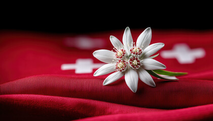 White edelweiss flower resting on vibrant red fabric with white cross patterns, symbolizing national pride and celebration during a significant cultural event