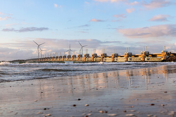 The Oosterscheldekering (Eastern Scheldt storm surge barrier) of the Delta Works flood protection...