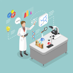 3D Isometric Flat Vector Illustration of Science Researching Lab, Scientist Using Virtual User Interface And Equipment