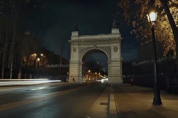 Fototapeta premium Timelapse capturing the lively atmosphere at Alcala Gate in Madrid during nighttime, Timelapse at the Alcala Gate, Madrid