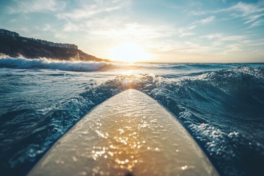 Surfboard gliding over ocean waves with sunset reflections in a serene coastal setting, Surfboard tip over ocean waves, sun reflecting on water