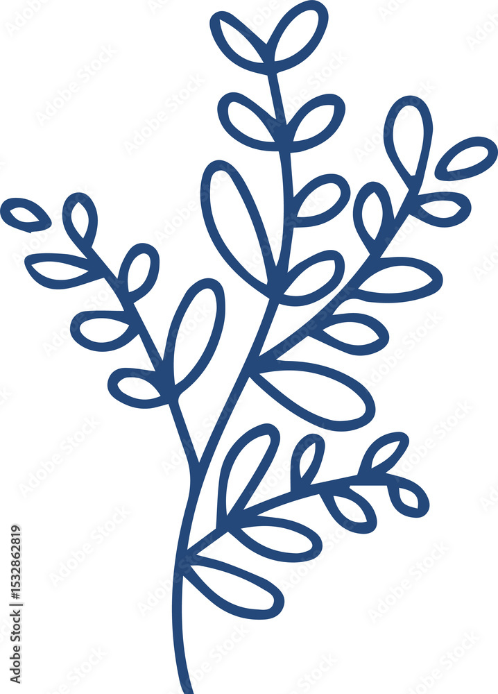 Poster stylized botanical sprig is appearing in minimalist vector line art, with transparent background