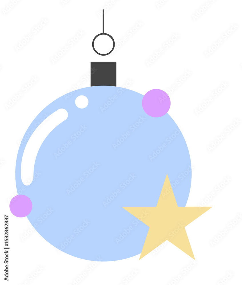 Poster decorative spherical ornament is floating in flat design with star accent on transparent background