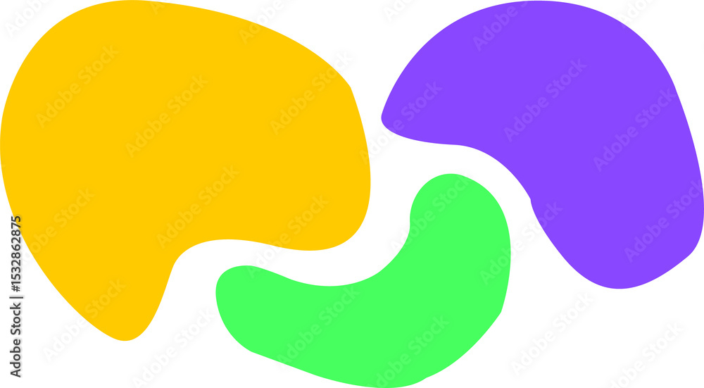 Aufkleber flat design shapes are floating on transparent bg with 3 mustard yellow, lime green, violet blobs