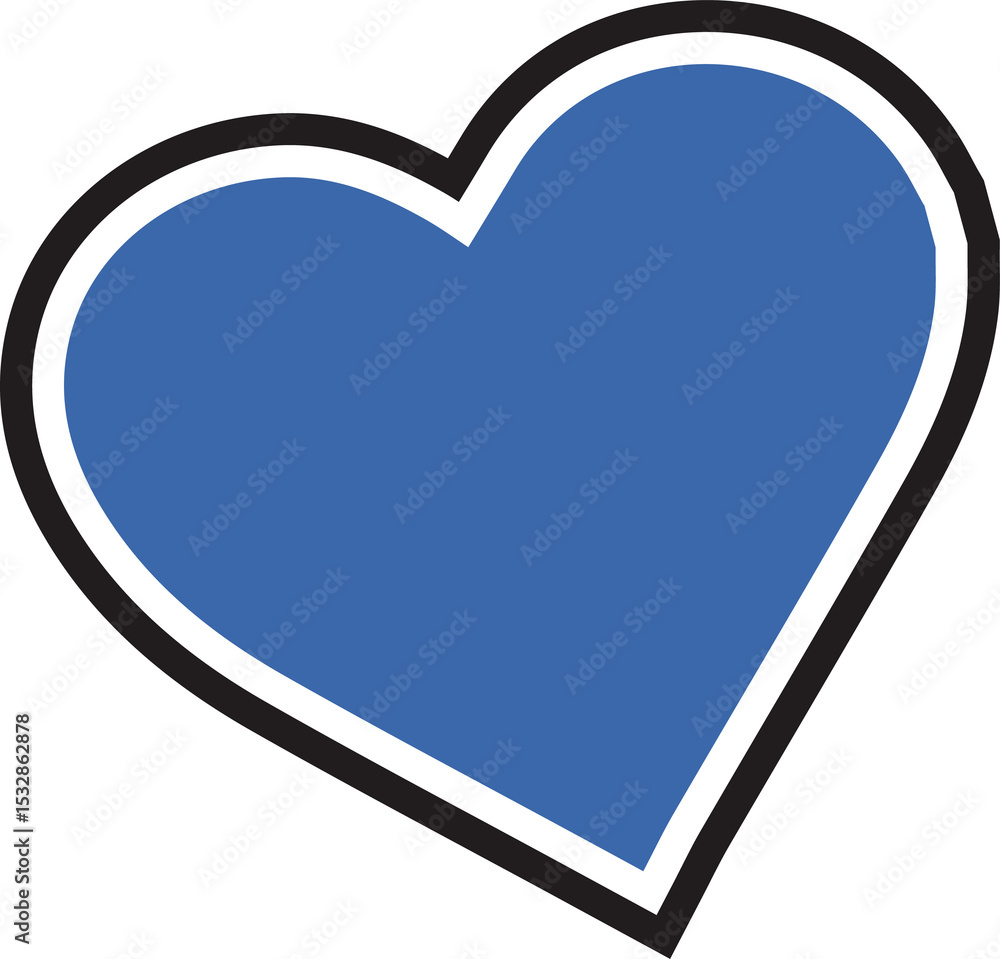 Poster flat blue heart icon is floating on transparent background with white inner and black outer strokes