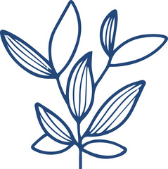 Stylized botanical branch is showing veined oval leaves in navy line art, transparent background