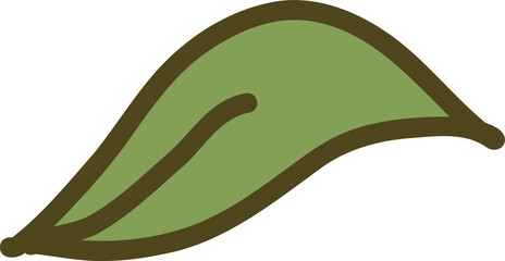 Flat design stylized leaf is featuring dark brown outline and curved vein, transparent background