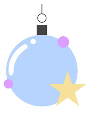 Decorative spherical ornament is floating in flat design with star accent on transparent background
