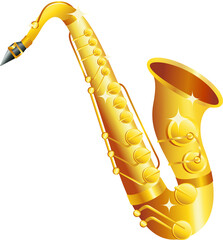 Golden saxophone is gleaming in flat vector design showing bell and keys on transparent background