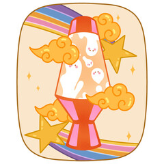 Lava lamp is glowing with ghost blobs and golden clouds in flat design, transparent background