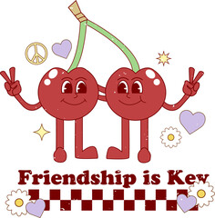 Two cherries are leaning on transparent background with peace sign, daisies and 'Friendship is Key'