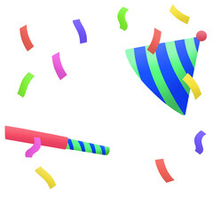 Striped cone hat, party blower, confetti pieces are floating on transparent backdrop in flat design