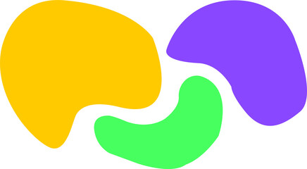 Flat design shapes are floating on transparent bg with 3 mustard yellow, lime green, violet blobs