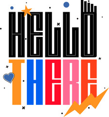 Obraz premium Flat design is showing HELLO THERE on transparent bg, orange star, blue heart and lightning bolt