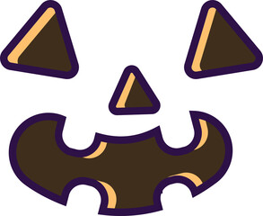 Flat Halloween pumpkin is showing triangular eyes, nose and jagged mouth on transparent background