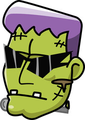 Frankenstein head is showing flat design with stitches, bolt and sunglasses transparent background