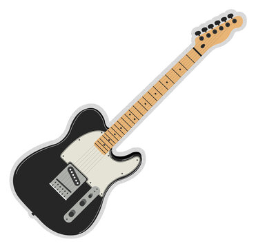 Flat design is showcasing black electric guitar with white pickguard on transparent background