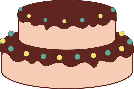 Naklejki Two-tier cake is being shown as flat design, chocolate drip, yellow-teal sprinkles, transparent bg