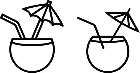 High quality photo of set of Coconut Drink Icon Set Green Coconut Cocktail juice with straw vector symbol in a black filled and outlined style Tropical Coconut juice with umbrella.