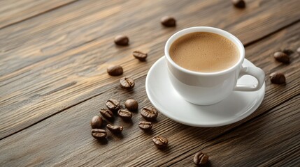 Fototapeta premium Coffee cup beans wood table warm morning breakfast drink brown roasted aromatic hot white ceramic