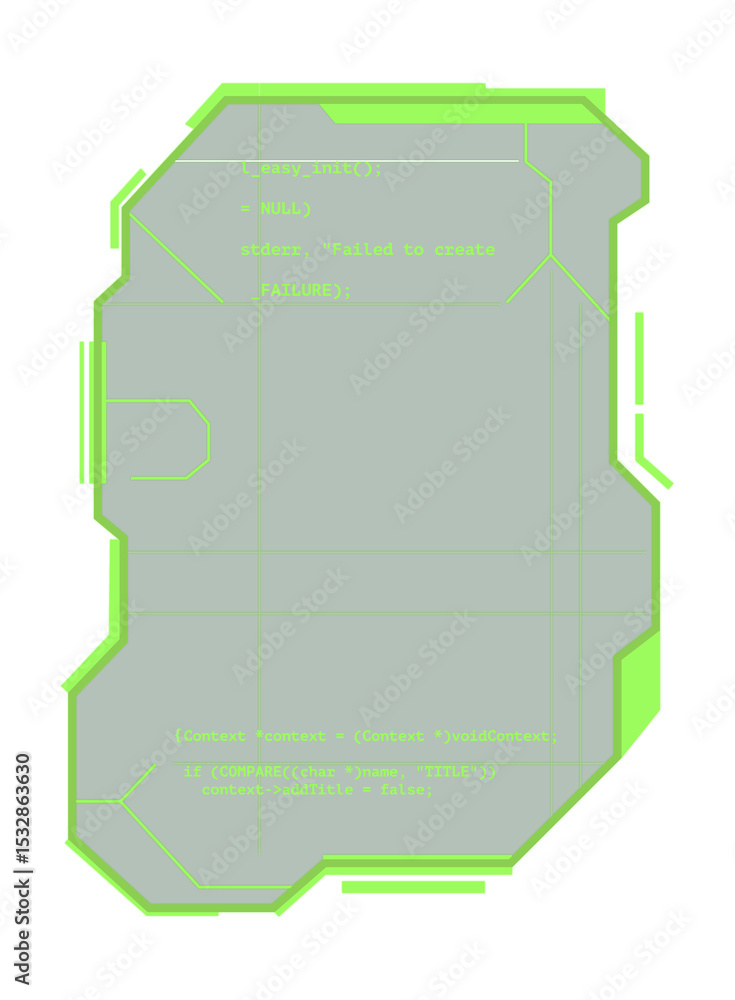 Poster showing polygonal hud interface on transparent canvas, highlighting neon green grid lines and code