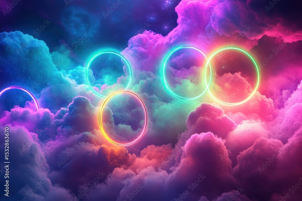 Poster neon circles floating in vibrant clouds create a colorful celestial atmosphere at night, neon circle
