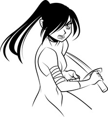 Anime-style warrior is drawing curved sword with forearm bandages, in black outline, transparent bg