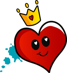 Red heart is wearing golden crown in flat vector with blue paint splatter, transparent background