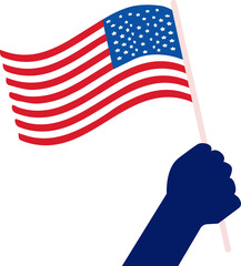 Flat design is showing hand silhouette holding American flag on pole with transparent background
