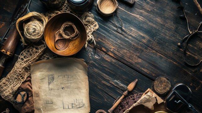 Vintage notebook map coffee compass travel journal explorer adventure history retro leather plan background tools