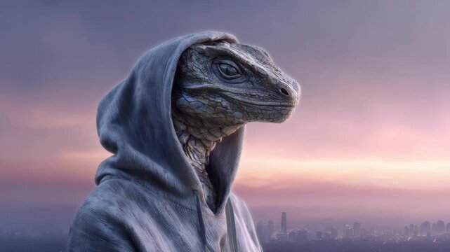 Reptilian Humanoid in Hoodie overlooking Cityscape at Sunset for Urban Fantasy Concept