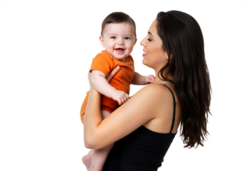 A smiling mother holds a baby in her arms, radiating warmth and joy on a transparent background, PNG format.  