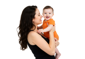 A smiling mother holds a baby in her arms, radiating warmth and joy on a transparent background, PNG format.