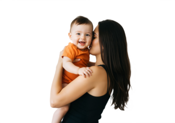 A smiling mother holds a baby in her arms, radiating warmth and joy on a transparent background, PNG format.  