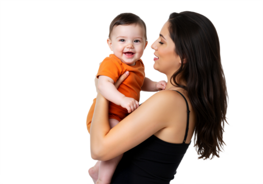 A smiling mother holds a baby in her arms, radiating warmth and joy on a transparent background, PNG format.  