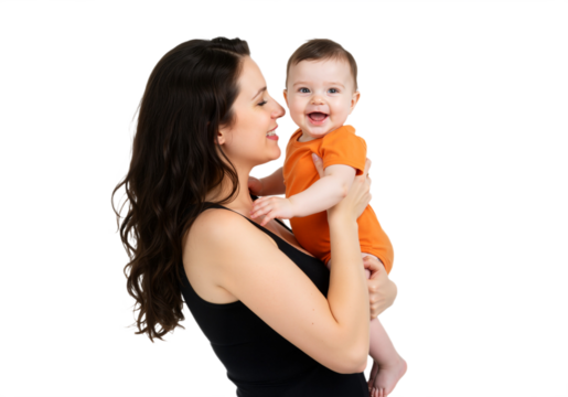 A smiling mother holds a baby in her arms, radiating warmth and joy on a transparent background, PNG format.  