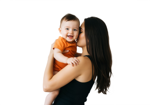 A smiling mother holds a baby in her arms, radiating warmth and joy on a transparent background, PNG format.  