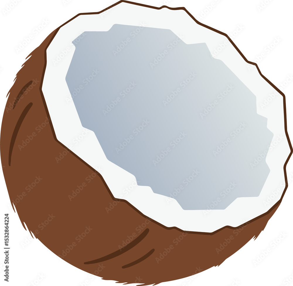 Poster half coconut shell is floating on transparent background in flat illustration with gradient shading