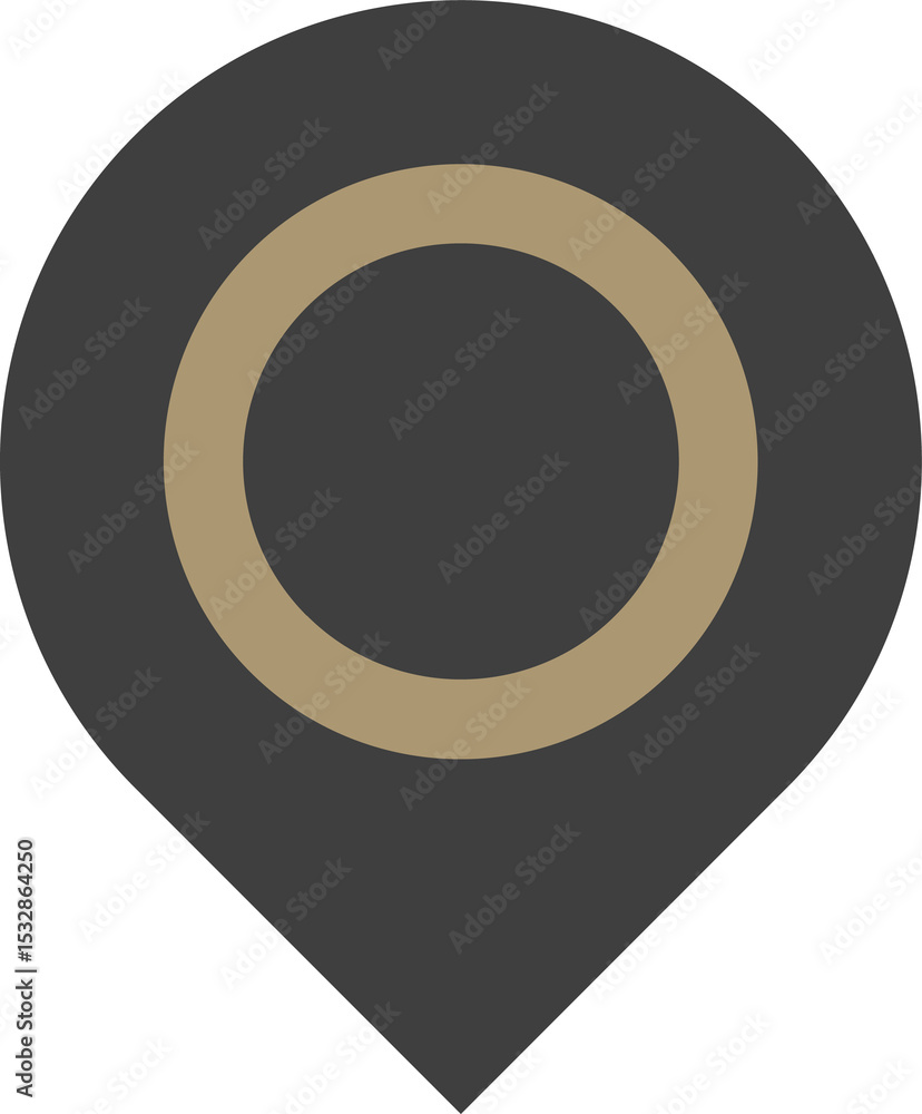 Aufkleber flat location marker icon displaying charcoal teardrop pin with golden ring transparent background
