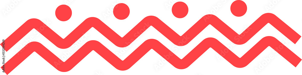 Poster flat design showing smooth red zigzag peaks topped with dots, abstract wave, transparent background